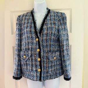 GENUINE ZARA NEW WOMAN TWEED JACKET FRAYED TRIMS BLUE Size S